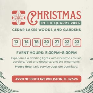 12/13, 12/14, 12/18, 12/20, 12/21, 12/22, 12/23 Cedar Lakes Woods and Gardens Christmas In The Quarry